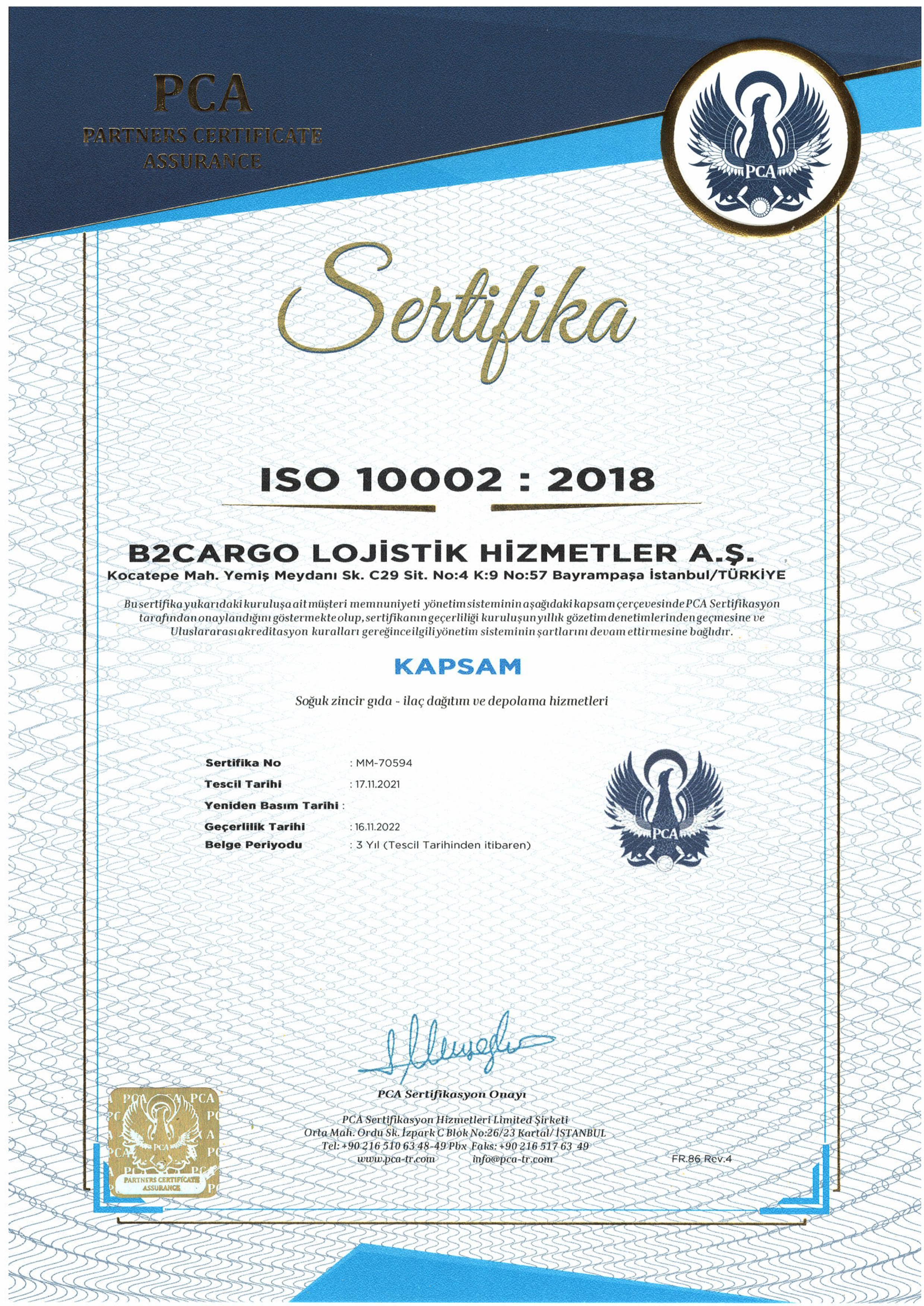 ISO 10002-2018 Sertifikası